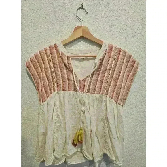 THML Clementine Embroidered Striped Tassel Top SZ Small cream offwhite - Picture 1 of 6